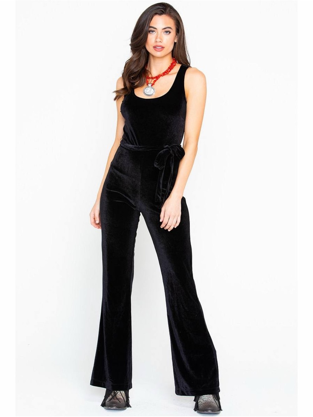 Stetson Black Velvet Sleeveless Jumpsuit with Waist Tie